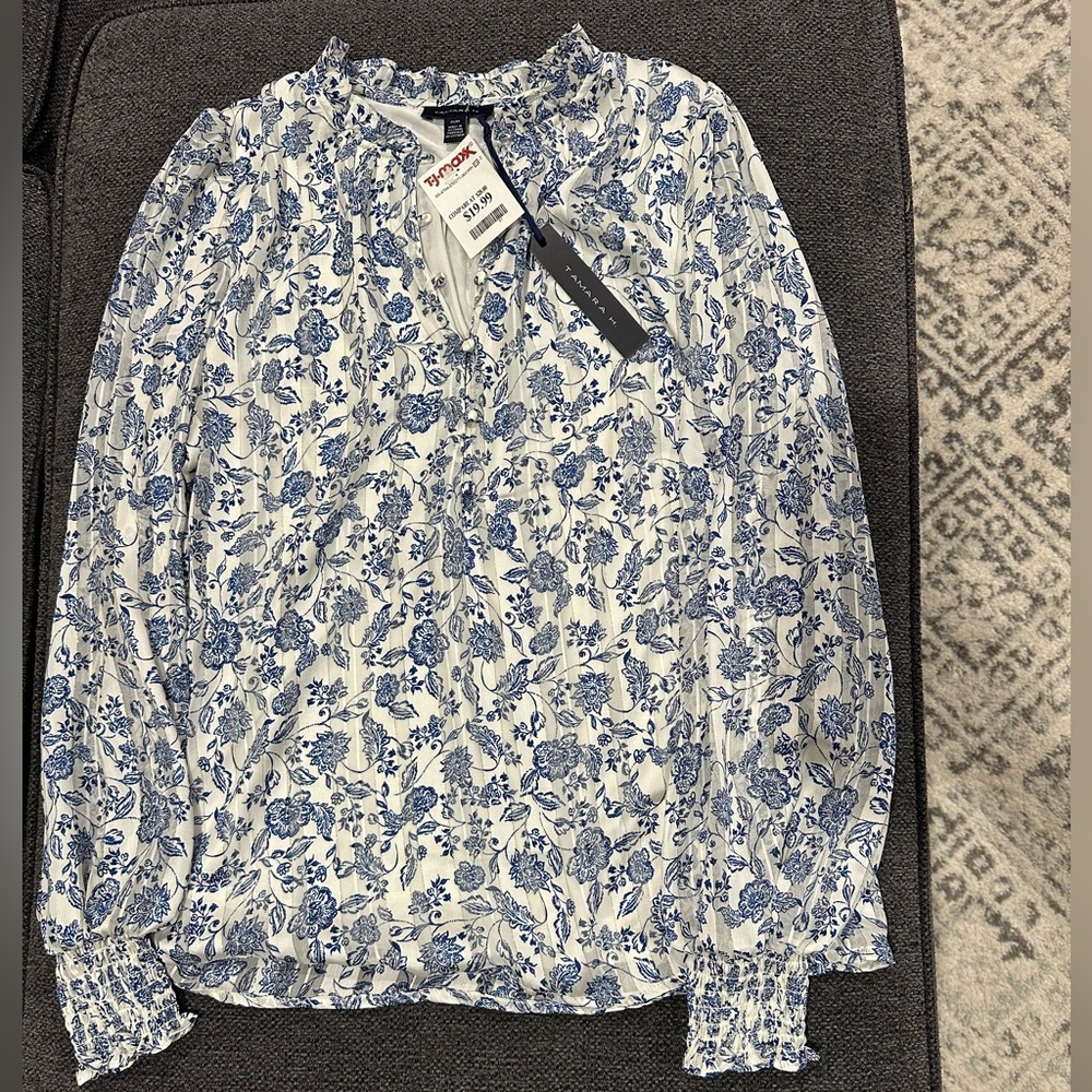 Club Monaco Blue Floral Long-Sleeve Peasant Blouse